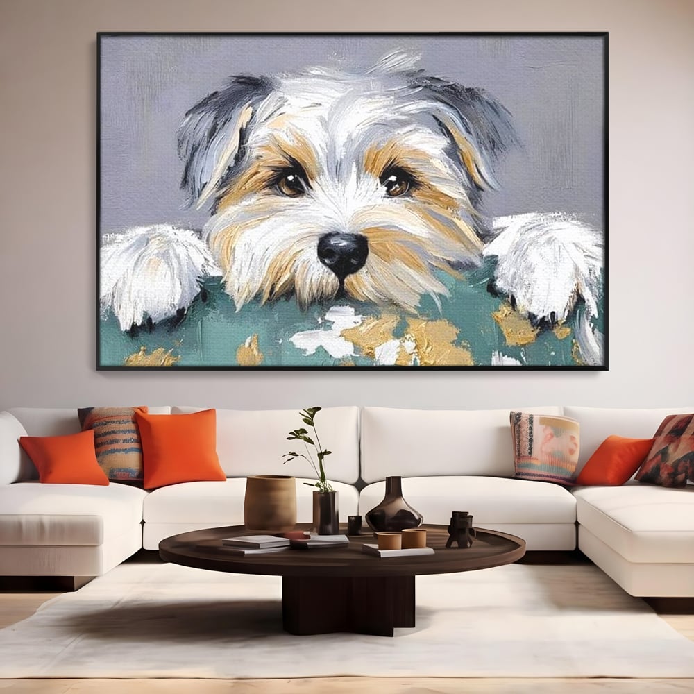 Tablou canvas cu pictura cu catel yorkshire privind curios, in rama de aluminiu negru, pe perete intr-un living